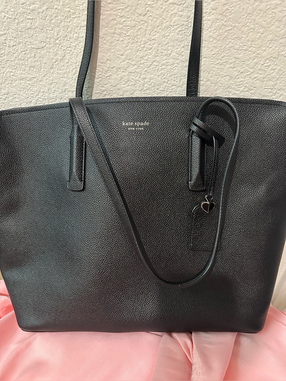 kate spade Black Pebbled Leather Tote with Heart Charm